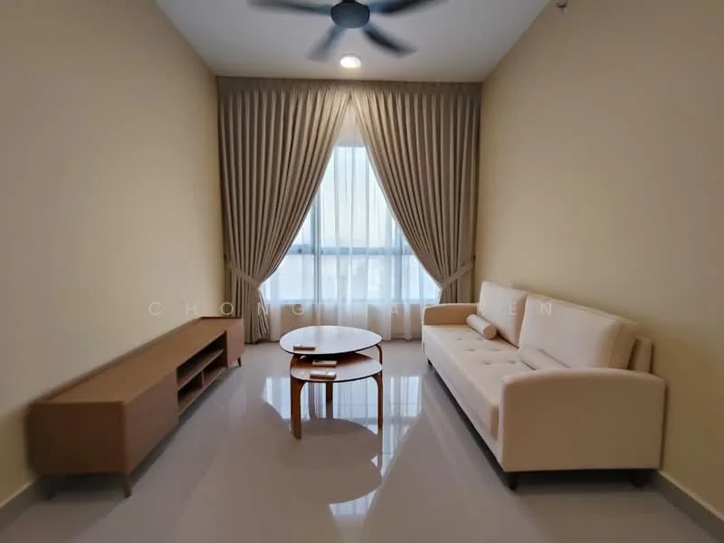 Living features: beige fabric sofa, round wooden coffee table, TV console with open shelving, floor-to-ceiling windows, sheer curtains, dropped ceiling, ceiling fan, light grey polished floor tiles, cream painted walls; style: modern.