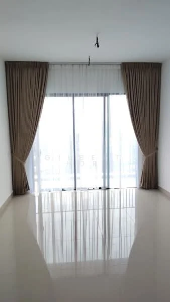 Room features: white painted walls, glossy tile flooring, floor-to-ceiling windows, sheer curtains, heavy drapes, natural light, minimalist decor; style: modern; view: city.