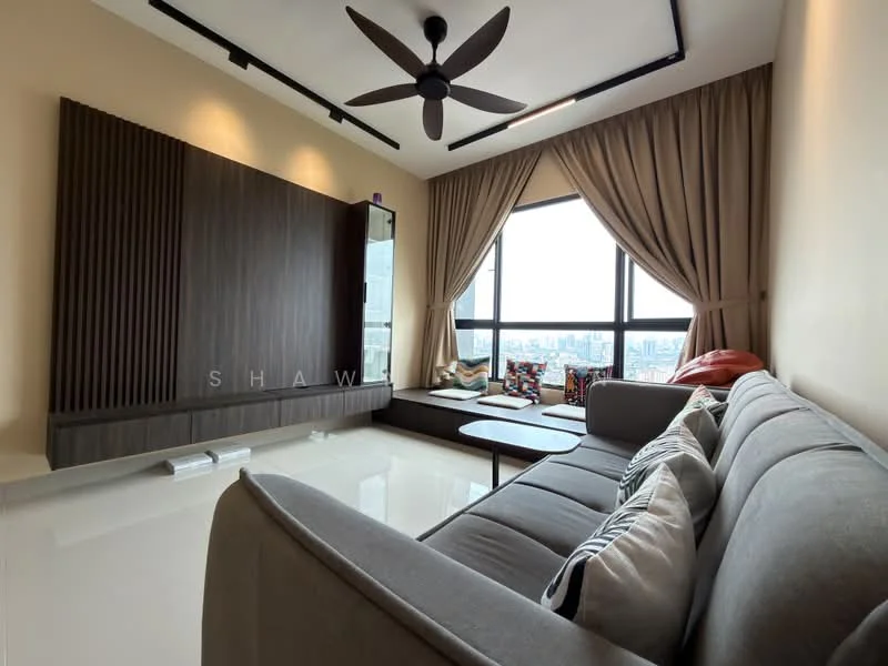 Living features: 5-blade ceiling fan with light, floor-to-ceiling windows, beige painted walls, light-colored flooring, grey fabric sofa, wooden feature wall, decorative cushions, curtains, coffee table, built-in shelving, window seat with cushions; style: modern; view: city.