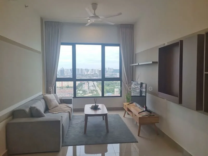 Living features: 3-seater fabric sofa in grey, wooden coffee table, wall-mounted TV, TV console, area rug, floor-to-ceiling windows, curtains, ceiling fan, decorative plant, wall-mounted shelving; style: modern; view: city.