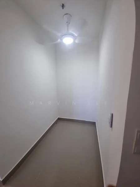 Room features: white painted walls, ceiling fan with light, tile flooring, light fixture, no visible windows, neutral color scheme.