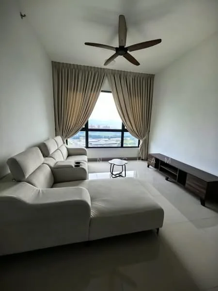 Living features: L-shape sectional sofa in white fabric, coffee table, TV console in dark wood, floor-to-ceiling windows, sheer curtains, 5-blade ceiling fan, polished tile flooring, neutral painted walls, city view; style: modern; view: city.