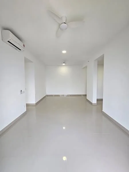 Room features: white painted walls, polished ceramic tile flooring, ceiling fan, recessed downlights, wall-mounted split AC, open layout; style: modern.