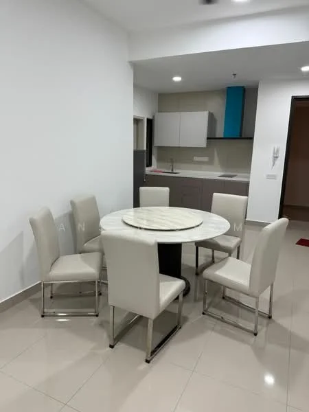Dining features: round dining table with marble top, 6 upholstered dining chairs in white, white painted walls, glossy tile flooring, recessed downlights, kitchen cabinetry in grey and white, blue accent cabinetry, open layout to kitchen; style: modern.