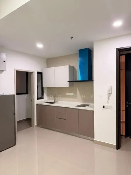 Kitchen features: white upper cabinets, grey lower cabinets, blue backsplash, stainless-steel sink, chrome pull-down faucet, built-in stove, refrigerator, wall-mounted air conditioning unit, light-colored wall, tile flooring, recessed downlights; style: modern.