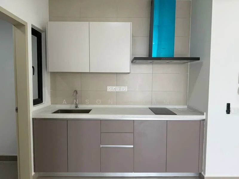 Kitchen features: light grey cabinetry, white countertop, single-bowl stainless-steel sink, chrome pull-down faucet, built-in induction hob, built-in range hood, cream tiled backsplash, wall-mounted storage cabinets, dark grey lower cabinetry, window with black frame; style: modern.