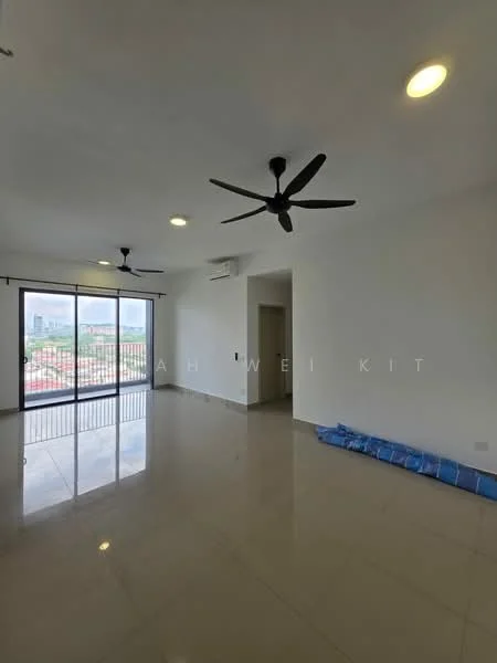 Living features: white painted walls, polished tile flooring, 5-blade ceiling fan with light, floor-to-ceiling windows, sliding glass door, curtains, air conditioning unit, recessed downlights; style: modern; view: city.