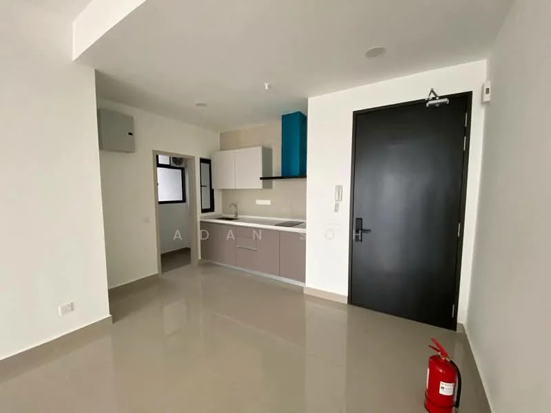 Living features: white painted walls, glossy tile flooring, recessed downlights, air conditioning unit, open kitchen layout, grey cabinetry, white countertop, blue accent cabinetry, fire extinguisher, black door, kitchen with built-in appliances; style: modern.