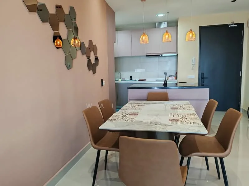 Dining features: 6-seater dining table with marble top, upholstered dining chairs in brown, hexagonal wall decor in metallic finish, pendant lights above the table, cream painted walls, kitchen area visible in background, grey cabinetry, built-in kitchen appliances, recessed lighting, white tiled flooring; style: modern.