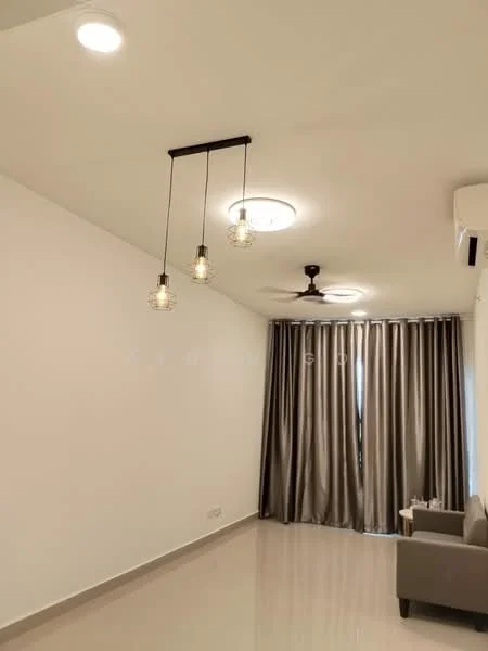 Living features: white painted walls, polished tile flooring, recessed downlights, pendant light with exposed bulbs, ceiling fan, floor-to-ceiling windows with sheer curtains, grey fabric sofa, decorative side table; style: modern.