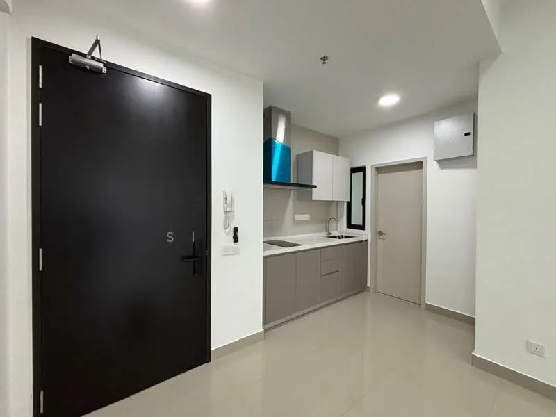 Kitchen features: black front door, white painted walls, grey cabinetry, stainless-steel sink, chrome pull-down faucet, white countertop, built-in oven, stainless-steel range hood, ceramic tile flooring, recessed LED downlights, window with black frame, grey wall cabinet, kitchen appliances, wall-mounted intercom; style: modern.