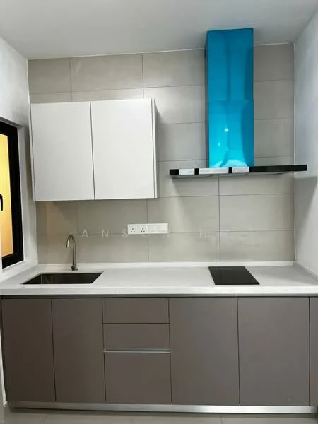 Kitchen features: single-bowl stainless-steel sink, chrome pull-down faucet, white laminate upper cabinets, grey laminate lower cabinets, white quartz countertop, black built-in induction hob, black built-in sink, grey tiled backsplash, blue glass chimney hood, open shelving above countertop, recessed downlights, white painted walls, tile flooring; style: modern.