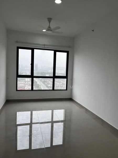 Room features: white painted walls, polished ceramic tile flooring, 5-blade ceiling fan with light, floor-to-ceiling windows, city view; style: modern; view: city.