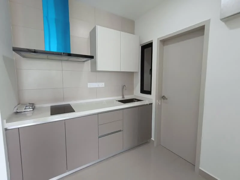 Kitchen features: light grey cabinetry, white countertop, stainless-steel sink, chrome pull-down faucet, built-in stove, exhaust hood, cream tiled backsplash, grey tiled flooring, blue accent wall, wall-mounted cabinets, single-door entry, window with black frame; style: modern.