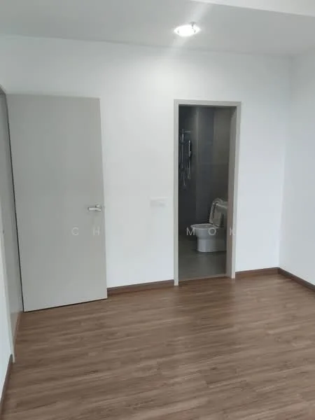 Room features: light wood laminate flooring, white painted walls, ceiling light fixture, door leading to bathroom, door leading to another room, neutral color scheme; style: modern.