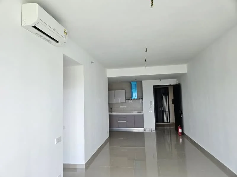 Room features: white painted walls, glossy ceramic tile flooring, 1 wall-mounted split AC, recessed downlights, open kitchen layout, kitchen cabinetry, fire extinguisher, doorway to another room; style: modern.