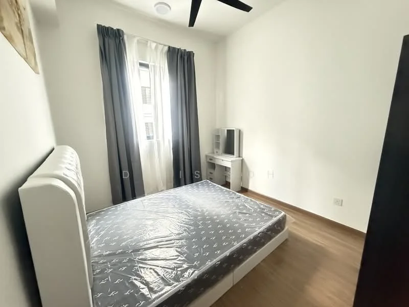 Bedroom features: queen-size bed, white upholstered headboard, light wood flooring, floor-to-ceiling window, grey curtains, ceiling fan, small desk, TV unit, white walls; style: modern.