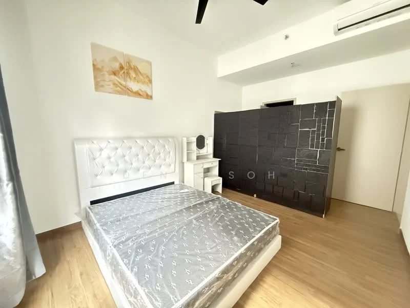 Bedroom features: queen-size bed, upholstered headboard, wooden flooring, black stone accent wall, built-in bedside table, ceiling fan, wall-mounted air conditioning unit, decorative artwork on wall, curtains, neutral wall color; style: modern.