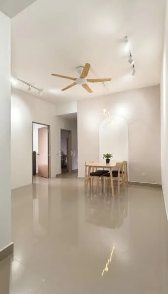 Dining features: 5-blade ceiling fan with light, recessed LED downlights, dining table with 4 wooden chairs, glossy tile flooring, white painted walls, arched mirror, open layout, neutral color palette; style: modern. Room features: white painted walls, glossy tile flooring, open layout.