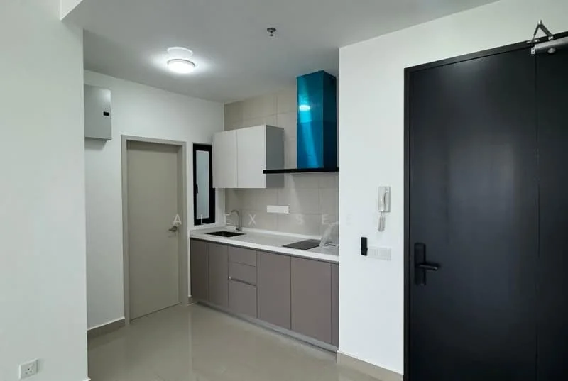 Kitchen features: white cabinets, grey lower cabinets, marble countertop, stainless-steel sink, chrome pull-down faucet, built-in stove, built-in oven, recessed ceiling lights, tile backsplash, wall-mounted extractor hood, light-colored walls, glossy floor tiles; style: modern.