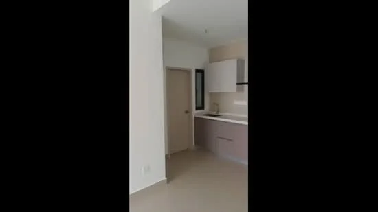 Kitchen features: white painted walls, light beige cabinetry, grey lower cabinets, single-bowl stainless-steel sink, chrome pull-down faucet, white countertop, built-in stove, window above sink, tile backsplash, flooring in light beige, recessed downlights; style: modern.