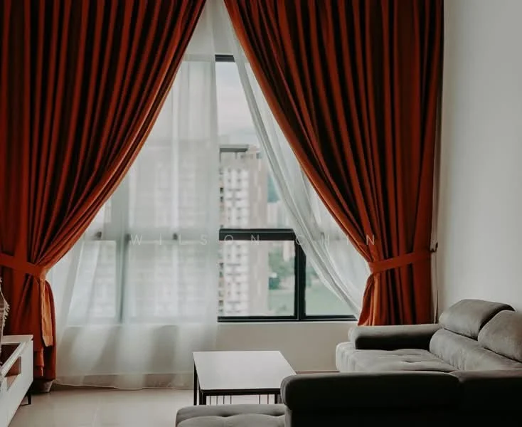 Living features: grey fabric sofa, wooden coffee table, floor-to-ceiling windows, sheer curtains, heavy drapes in burnt orange, light-colored wall, tile flooring, decorative wall art; style: modern; view: city.