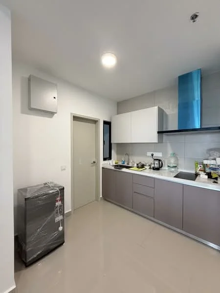 Kitchen features: white upper cabinets, grey lower cabinets, black countertop, stainless-steel sink, chrome pull-down faucet, built-in microwave, stainless-steel kettle, stainless-steel fridge, ceramic tile flooring, recessed downlights, wall-mounted air conditioning unit, window with black frame; style: modern.