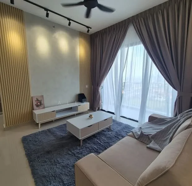 Living features: beige fabric sofa, coffee table, area rug with geometric pattern, floor-to-ceiling windows, sheer curtains, recessed downlights, wall-mounted TV console, decorative wall paneling, ceiling fan; style: modern; view: city.