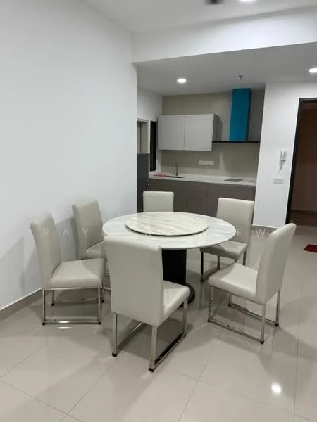 Dining features: round dining table with marble top, 6 upholstered dining chairs in cream, white painted walls, glossy tile flooring, recessed downlights, open kitchen layout visible in background, kitchen cabinetry in grey and white, blue accent cabinetry, no visible appliances; style: modern.