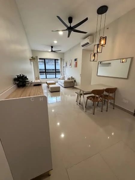 Living features: white painted walls, polished tile flooring, 5-blade ceiling fan with light, recessed downlights, floor-to-ceiling windows, sliding glass door, sofa in light fabric, coffee table, dining table with 4 chairs, decorative wall art, air conditioning unit; style: modern.