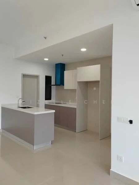 Kitchen features: white quartz countertop, grey lower cabinets, white upper cabinets, blue accent cabinetry, built-in oven, stainless-steel range hood, single-bowl stainless-steel sink, chrome pull-down faucet, recessed downlights, light grey tile flooring, open layout, wall-mounted air conditioning unit; style: modern.