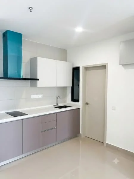 Kitchen features: white upper cabinets, purple lower cabinets, stainless-steel sink, chrome faucet, black countertop, built-in cooktop, white tiled backsplash, recessed lighting, floor-to-ceiling window, light-colored walls, glossy finish on cabinets, door leading to hallway; style: modern.