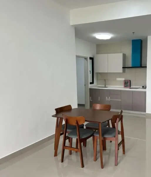 Dining features: round wooden dining table, 4 wooden dining chairs with upholstered seats, white painted walls, glossy tile flooring, recessed ceiling light, kitchen cabinetry in light grey, blue kitchen backsplash, built-in kitchen appliances, open layout to kitchen, window with natural light; style: modern.