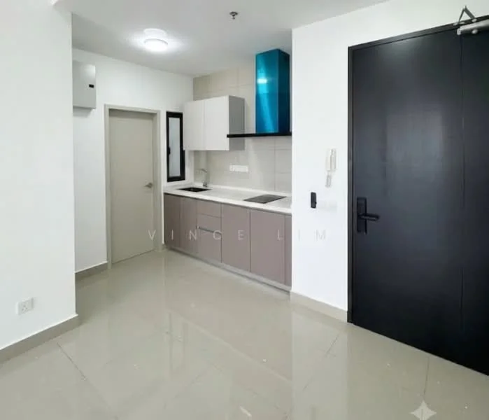 Kitchen features: grey cabinetry, white upper cabinets, stainless-steel sink, chrome pull-down faucet, built-in stove, built-in oven, white tiled backsplash, marble countertop, recessed downlights, sliding door, floor-to-ceiling window, polished tile flooring, wall-mounted split AC; style: modern.