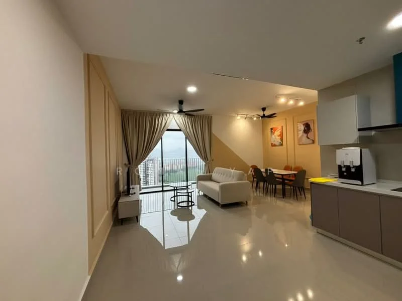Living features: white painted walls, cream accent wall, polished ceramic tile flooring, 5-blade ceiling fan with light, sofa in white fabric, coffee table, dining table with chairs, floor-to-ceiling windows, curtains, decorative artwork on walls; style: modern; view: city. Kitchen features: grey cabinetry, stainless-steel fridge, built-in kitchen appliances, countertop with sink, kitchen island, recessed LED downlights; style: modern.