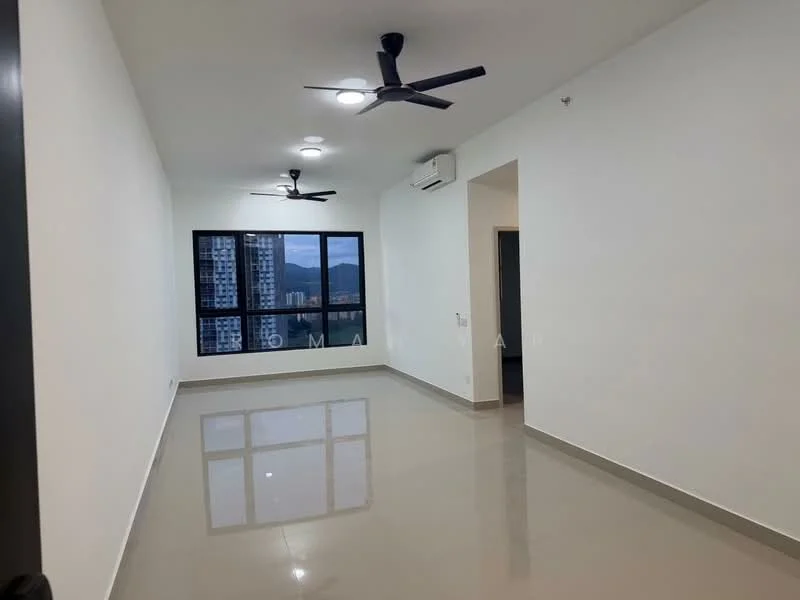 Living features: white painted walls, polished ceramic tile flooring, 2 ceiling fans, 2 wall-mounted split AC units, floor-to-ceiling windows, city view, recessed downlights; style: modern; view: city.