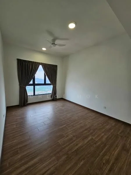 Bedroom features: wooden flooring, white painted walls, ceiling fan, floor-to-ceiling windows, curtains, city view; style: modern; view: city.