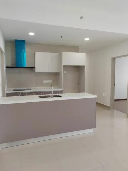 Kitchen features: white cabinetry with flat-panel doors, grey lower cabinets, marble countertop, single-bowl stainless-steel sink, chrome pull-down faucet, built-in oven, stainless-steel range hood, ceramic tile flooring, recessed LED downlights, wall-mounted cabinetry, open layout, neutral wall colour, window for natural light; style: modern.