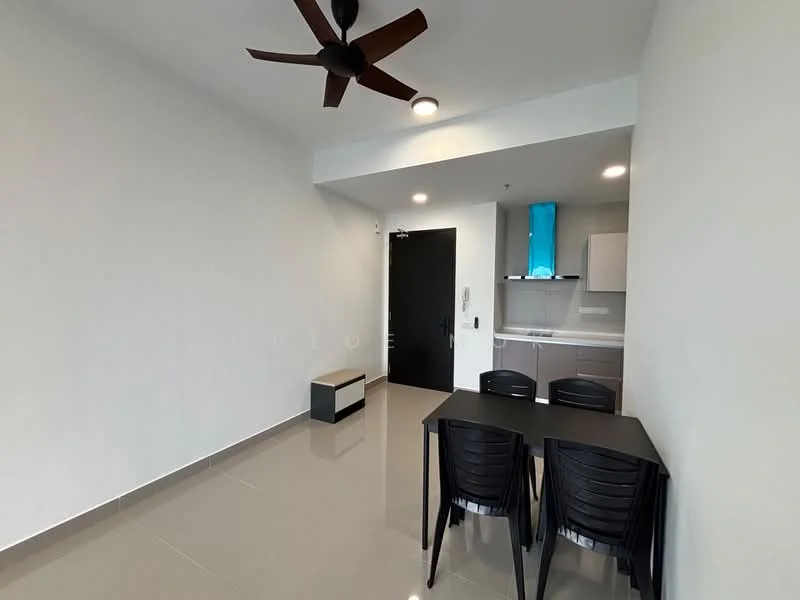 Dining features: 4-seater dining table, black plastic dining chairs, white painted walls, grey tiled flooring, ceiling fan with 3 blades, recessed downlights, open kitchen layout, kitchen cabinetry in light colour, black front door; style: modern.