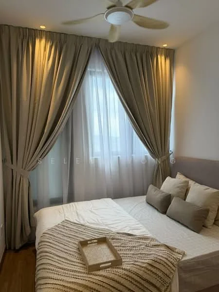 Bedroom features: queen-size bed, upholstered headboard, bedside cushions, floor-to-ceiling windows, sheer curtains, heavy drapes, ceiling fan, wooden flooring, decorative tray on bed; style: modern.