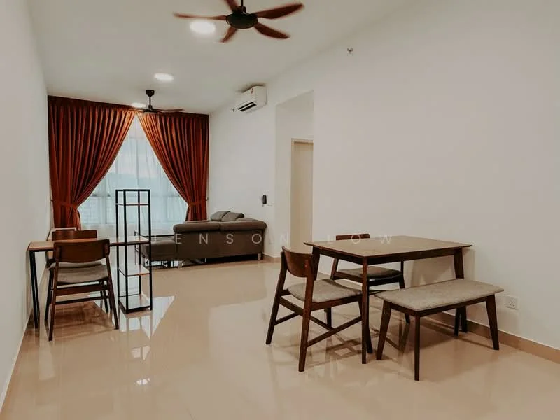 Living features: cream painted walls, glossy tiled flooring, 5-blade ceiling fan with light, large window with sheer curtains, brown leather sofa, wooden dining table, 4 wooden dining chairs with cushions, decorative room divider, air conditioning unit on wall; style: modern.