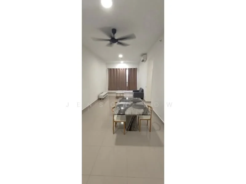 Dining features: 4-seater dining table, white walls, ceiling fan, wall-mounted split AC, brown curtains, tile flooring, recessed lighting, decorative mirror; style: modern.
