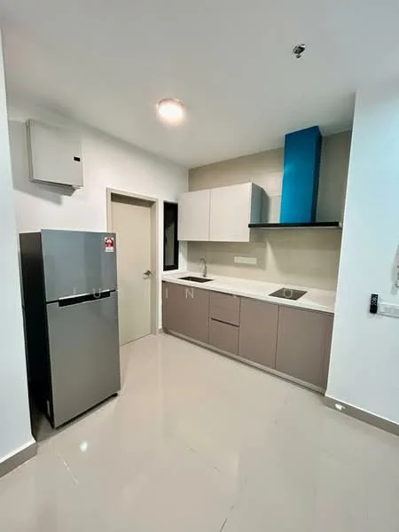 Kitchen features: stainless-steel fridge, single-bowl stainless-steel sink, chrome pull-down faucet, white quartz countertop, light grey cabinetry, dark grey lower cabinets, white upper cabinets, tile backsplash, built-in oven, induction hob, recessed downlights, cream painted walls, polished ceramic tile flooring; style: modern.
