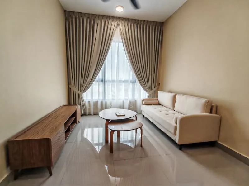 Living features: cream fabric sofa, wooden coffee table, wooden TV console, floor-to-ceiling windows, sheer curtains, drapes, recessed ceiling lights, polished tile flooring, light beige painted walls, ceiling fan; style: modern; view: city.