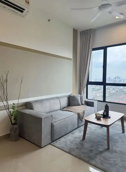 Living features: 3-seater fabric sofa in grey, coffee table, area rug, floor-to-ceiling windows, city skyline view, wall-mounted split AC, curtains, decorative plant in vase, light-colored walls, glossy tile flooring, ceiling fan; style: modern; view: city.
