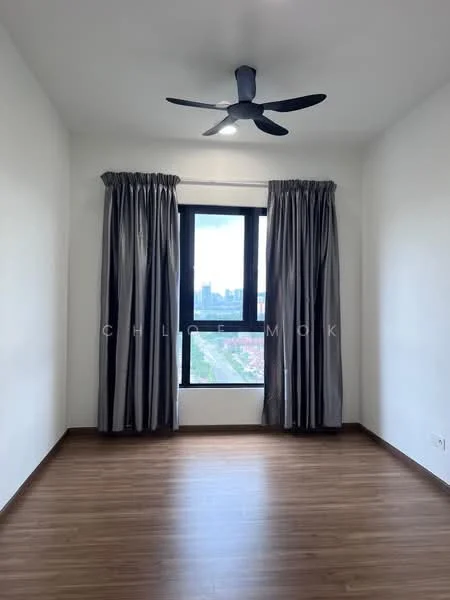 Bedroom features: light wood laminate flooring, white painted walls, floor-to-ceiling window, blackout curtains, 5-blade ceiling fan with light, window view of city, neutral color scheme, no visible furniture; style: modern; view: city.