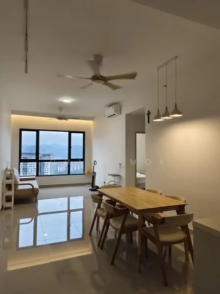 Dining features: dining table with wooden surface, 4 wooden dining chairs, pendant lighting with three bulbs, 5-blade ceiling fan, white painted walls, glossy tile flooring, floor-to-ceiling window, city view, air conditioning unit on wall, decorative wall cross; style: modern; view: city. Living features: sofa area visible, open layout, natural light from window; style: modern; view: city.