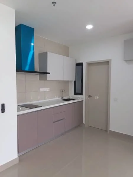 Kitchen features: white cabinetry with flat-panel design, light grey lower cabinets, blue accent cabinetry, stainless-steel sink, chrome pull-down faucet, white countertop, ceramic tile backsplash, built-in oven, recessed downlights, wall-mounted ventilation hood, open shelving, neutral wall colour, glossy floor tiles; style: modern.
