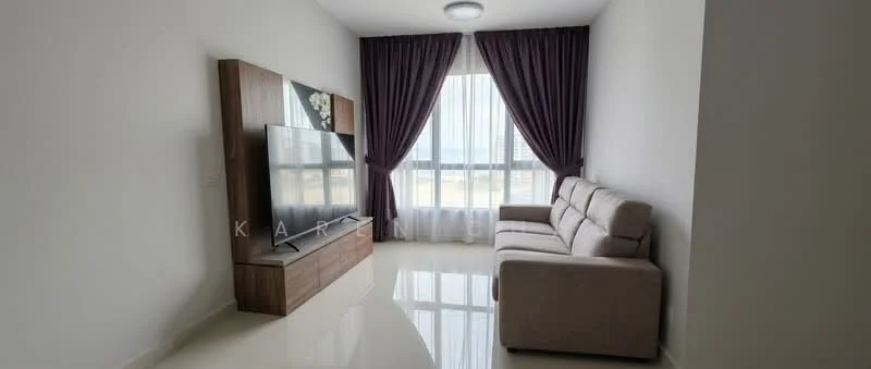 Living features: beige fabric sofa, wall-mounted TV, wooden TV console, floor-to-ceiling windows, sheer curtains, dark purple drapes, glossy tile flooring, recessed ceiling light; style: modern; view: city.