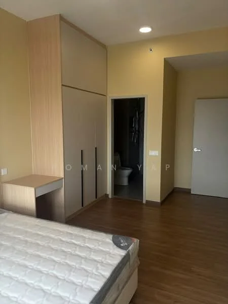 Bedroom features: wooden flooring, cream painted walls, built-in wardrobe with sliding doors, single bed frame, desk with drawer, recessed ceiling lights, doorway leading to bathroom, neutral color scheme; style: modern. Bathroom features: toilet, shower, tile flooring, neutral color scheme.